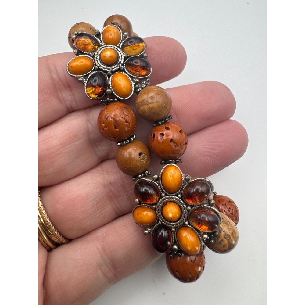 Vintage Boho Bracelet Carved Earth Tone Bead Double Strand Flower Stretch - Picture 9 of 9